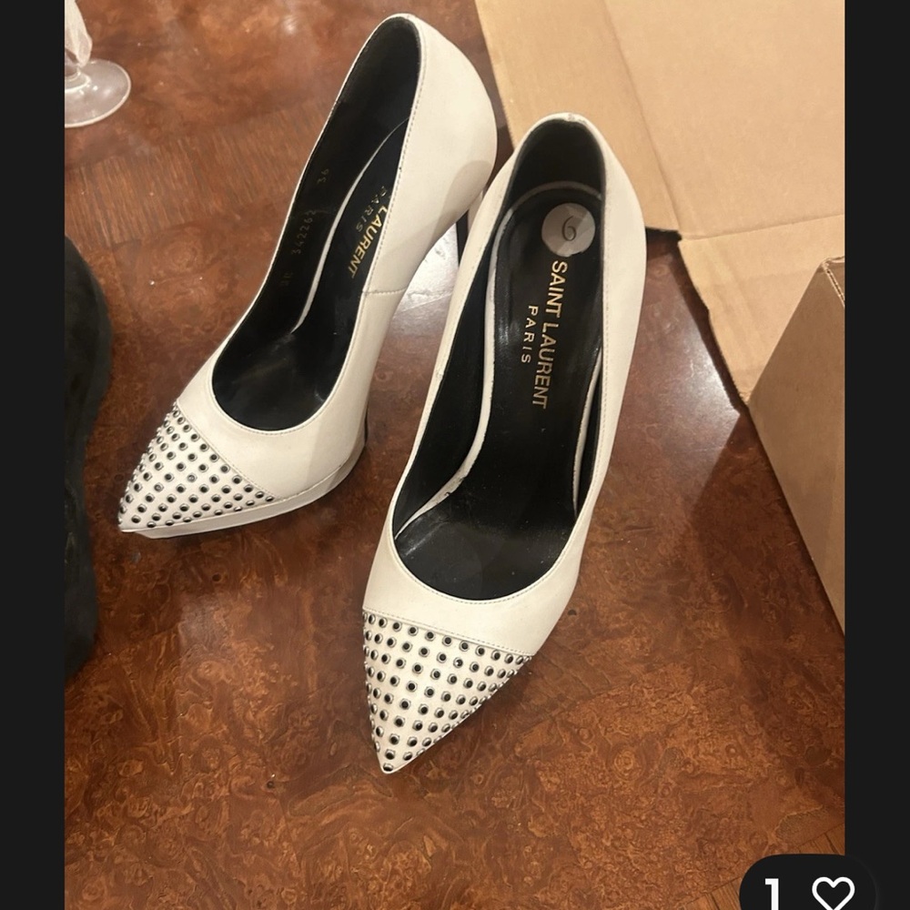 YSL Saint Laurent White Studded Leather Stiletto Pumps Pointed Toe US 6